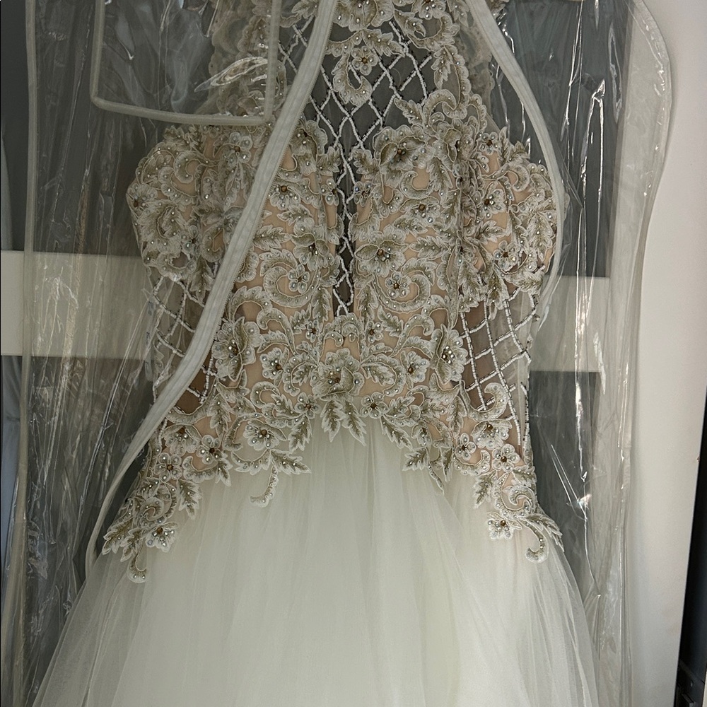 Embellished Ivory Tulle Ball Gown with Lace Appliqué